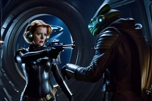 In a dimly lit, foggy retro-futuristic spaceship, Fritz Lang's protagonist stands firm, clad in worn leather and goggles, ((a reptile humanoid alien)), amidst the eerie glow of moonlit metropolis views through portholes. Two women and one man donning steam-powered armor prepare for battle against an otherworldly foe. The striking female figure, dressed in a metallic spacesuit and 1910-era hairstyles, fixes her gaze on the encroaching threat. Amidst chaos, she remains steadfast. Fritz Lang's protagonist holds an FN SCAR-H rifle while one opponent brandishes a laser gun.