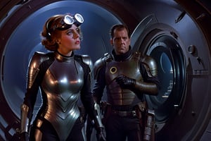 In a dimly lit, foggy retro-futuristic spaceship, Fritz Lang's protagonist stands firm, clad in worn leather and goggles, ((a reptile humanoid alien)), amidst the eerie glow of moonlit metropolis views through portholes. Two women and one man donning steam-powered armor prepare for battle against an otherworldly foe. The striking female figure, dressed in a metallic spacesuit and 1910-era hairstyles, fixes her gaze on the encroaching threat. Amidst chaos, she remains steadfast. Fritz Lang's protagonist holds an FN SCAR-H rifle while one opponent brandishes a laser gun.