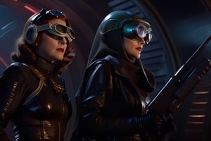 In a dimly lit, foggy retro-futuristic spaceship, Fritz Lang's protagonist stands firm, clad in worn leather and goggles, ((a reptile humanoid alien)), amidst the eerie glow of moonlit metropolis views through portholes. Two women and one man donning steam-powered armor prepare for battle against an otherworldly foe. The striking female figure, dressed in a metallic spacesuit and 1910-era hairstyles, fixes her gaze on the encroaching threat. Amidst chaos, she remains steadfast. Fritz Lang's protagonist holds an FN SCAR-H rifle while one opponent brandishes a laser gun.