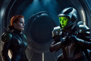 In a dimly lit, foggy retro-futuristic spaceship, Fritz Lang's protagonist stands firm, clad in worn leather and goggles, ((a reptile humanoid alien)), amidst the eerie glow of moonlit metropolis views through portholes. Two women and one man donning steam-powered armor prepare for battle against an otherworldly foe. The striking female figure, dressed in a metallic spacesuit and 1910-era hairstyles, fixes her gaze on the encroaching threat. Amidst chaos, she remains steadfast. Fritz Lang's protagonist holds an FN SCAR-H rifle while one opponent brandishes a laser gun.