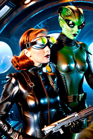 In a dimly lit, foggy retro-futuristic spaceship, Fritz Lang's protagonist stands firm, clad in worn leather and goggles, ((a reptile humanoid alien)), amidst the eerie glow of moonlit metropolis views through portholes. Two women and one man donning steam-powered armor prepare for battle against an otherworldly foe. The striking female figure, dressed in a metallic spacesuit and 1910-era hairstyles, fixes her gaze on the encroaching threat. Amidst chaos, she remains steadfast. Fritz Lang's protagonist holds an FN SCAR-H rifle while one opponent brandishes a laser gun.