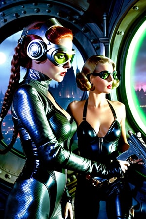 In a dimly lit, foggy retro-futuristic spaceship, Fritz Lang's protagonist stands firm, clad in worn leather and goggles, ((a reptile humanoid alien)), amidst the eerie glow of moonlit metropolis views through portholes. Two women and one man donning steam-powered armor prepare for battle against an otherworldly foe. The striking female figure, dressed in a metallic spacesuit and 1910-era hairstyles, fixes her gaze on the encroaching threat. Amidst chaos, she remains steadfast. Fritz Lang's protagonist holds an FN SCAR-H rifle while one opponent brandishes a laser gun.