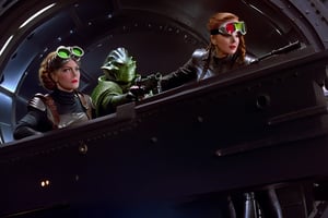 In a dimly lit, foggy retro-futuristic spaceship, Fritz Lang's protagonist stands firm, clad in worn leather and goggles, ((a reptile humanoid alien)), amidst the eerie glow of moonlit metropolis views through portholes. Two women and one man donning steam-powered armor prepare for battle against an otherworldly foe. The striking female figure, dressed in a metallic spacesuit and 1910-era hairstyles, fixes her gaze on the encroaching threat. Amidst chaos, she remains steadfast. Fritz Lang's protagonist holds an FN SCAR-H rifle while one opponent brandishes a laser gun.