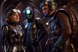 In a dimly lit, foggy retro-futuristic spaceship, Fritz Lang's protagonist stands firm, clad in worn leather and goggles, ((a reptile humanoid alien)), amidst the eerie glow of moonlit metropolis views through portholes. Two women and one man donning steam-powered armor prepare for battle against an otherworldly foe. The striking female figure, dressed in a metallic spacesuit and 1910-era hairstyles, fixes her gaze on the encroaching threat. Amidst chaos, she remains steadfast. Fritz Lang's protagonist holds an FN SCAR-H rifle while one opponent brandishes a laser gun.