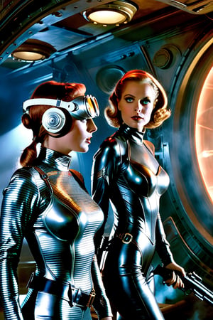 In a dimly lit, foggy retro-futuristic spaceship, Fritz Lang's protagonist stands firm, clad in worn leather and goggles, ((a reptile humanoid alien)), amidst the eerie glow of moonlit metropolis views through portholes. Two women and one man donning steam-powered armor prepare for battle against an otherworldly foe. The striking female figure, dressed in a metallic spacesuit and 1910-era hairstyles, fixes her gaze on the encroaching threat. Amidst chaos, she remains steadfast. Fritz Lang's protagonist holds an FN SCAR-H rifle while one opponent brandishes a laser gun.