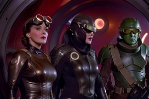 In a dimly lit, foggy retro-futuristic spaceship, Fritz Lang's protagonist stands firm, clad in worn leather and goggles, ((a reptile humanoid alien)), amidst the eerie glow of moonlit metropolis views through portholes. Two women and one man donning steam-powered armor prepare for battle against an otherworldly foe. The striking female figure, dressed in a metallic spacesuit and 1910-era hairstyles, fixes her gaze on the encroaching threat. Amidst chaos, she remains steadfast. Fritz Lang's protagonist holds an FN SCAR-H rifle while one opponent brandishes a laser gun.