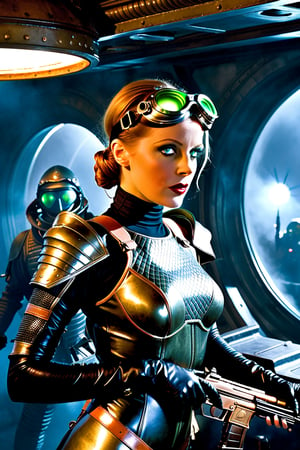 In a dimly lit, foggy retro-futuristic spaceship, Fritz Lang's protagonist stands firm, clad in worn leather and goggles, ((a reptile humanoid alien)), amidst the eerie glow of moonlit metropolis views through portholes. Two women and one man donning steam-powered armor prepare for battle against an otherworldly foe. The striking female figure, dressed in a metallic spacesuit and 1910-era hairstyles, fixes her gaze on the encroaching threat. Amidst chaos, she remains steadfast. Fritz Lang's protagonist holds an FN SCAR-H rifle while one opponent brandishes a laser gun.