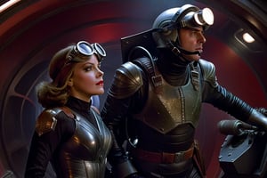 In a dimly lit, foggy retro-futuristic spaceship, Fritz Lang's protagonist stands firm, clad in worn leather and goggles, ((a reptile humanoid alien)), amidst the eerie glow of moonlit metropolis views through portholes. Two women and one man donning steam-powered armor prepare for battle against an otherworldly foe. The striking female figure, dressed in a metallic spacesuit and 1910-era hairstyles, fixes her gaze on the encroaching threat. Amidst chaos, she remains steadfast. Fritz Lang's protagonist holds an FN SCAR-H rifle while one opponent brandishes a laser gun.