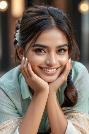 (best quality, 4k, 8k, highres, masterpiece:1.2), ultra-detailed, realistic, cute smile, beautiful detailed face, beautiful detailed hands, extremely detailed eyes, long eyelashes, photorealistic lighting, casual style clothing, instagram influencer, instagram-style photography,indian