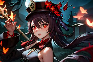 A character inspired by Hu Tao from Genshin Impact, featuring a playful yet mysterious appearance. She has long, flowing dark brown hair and wears a traditional Chinese-inspired outfit with intricate floral patterns and a distinctive hat adorned with a red tassel. Her outfit combines elements of traditional attire with modern fantasy design. She holds a glowing red staff with a spectral flame at the tip, surrounded by ghostly apparitions and ethereal wisps of energy. The background is a mystical, otherworldly scene with a dark, eerie atmosphere and swirling spirits, enhancing her enigmatic and spirited presence