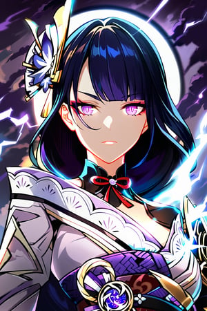 A detailed portrait of Raiden Shogun from Genshin Impact. She has long, dark purple hair and glowing purple eyes, exuding an aura of power and authority. Her outfit is traditional with intricate samurai and ceremonial elements, featuring armor and detailed accessories. The background shows stormy weather with lightning, emphasizing her electro abilities. She has a serious and commanding demeanor, reflecting her powerful leadership role in the game,raiden mei
