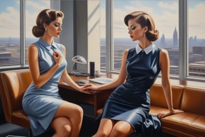 Oil Painting art, ultra realistic style painting.explicit sapphic sex  between two sexy classy business girls in dresses,sixties style, modern office, large windows