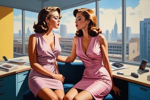 Oil Painting art, comics style painting.explicit sapphic sexual intercourse between two sexy classy business girls in dresses,sixties style, modern office, large windows