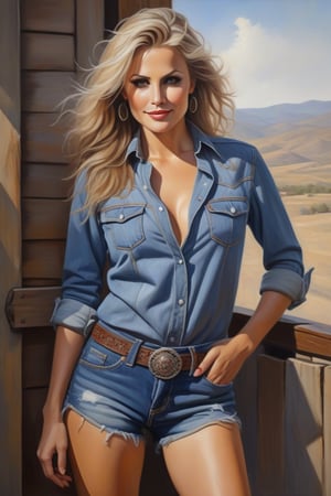 Oil Painting art, Full Lenght detailed portrait of a 50 years old classy sexy minx woman, classy makeup, ash blonde hair color, long hair cut,  disheveled, denim minishorts,shirt tied at the chest, ankle western boots, Duke Style. Posing in a elegant background, nice lightening, confident smile, standing provocative and sexy, ultra realistic style