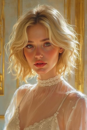 Oil Painting art, 
Konstantin Razumov
Close-up portrait of a young classy woman
Blonde long bob hair cut, disheveled
glare from the light
Elegant transparent high collar blouse

marble floor, dripping in gold walls
