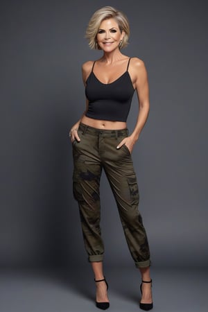 Oil Painting art, Full Lenght detailed portrait of a 50 years old classy slim, sexy minx woman, classy makeup, ash blonde hair color, long pixie hair cut,  disheveled, she wears a black mesh crop top and  a low waist pegtop camouflage cargo pants ,stilletos pointed pumps. Posing in a elegant background, nice lightening, confident smile, standing provocative and sexy, ultra realistic style