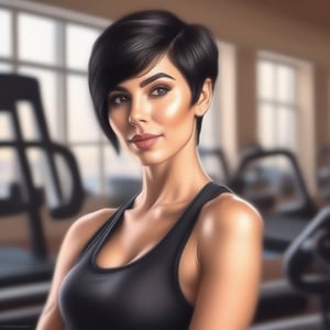 color pencil art, drawing in color a 30 years old classy woman, classy makeup, black hair color, pixie hair cut, working out in gym outfit, soft and warm light, full-body_portrait