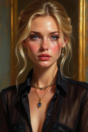 Oil Painting art, 
Konstantin Razumov
3/4 front view
Close-up portrait of a young classy woman
Blonde, hair up in a elegant bun
light cobalt eyes
glare from the light, chiaroscuro
Elegant black transparent open blouse, necklace
Dripping in gold walls


