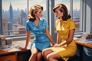 Oil Painting art, comics style painting.explicit sapphic sexual intercourse between two sexy classy business girls in dresses,sixties style, modern office, large windows