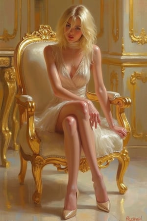 Oil Painting art, 
Konstantin Razumov
Portrait of a young classy woman
Blonde long bob hair cut, disheveled
glare from the light
Elegant transparent high collar dress, shiny pantyhose and pointed stilettos
She is elegantly seated on a simple gilded chair
marble floor, dripping in gold walls
