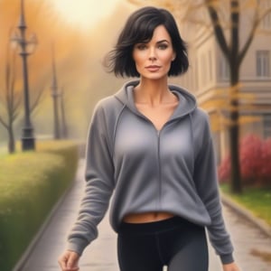 color pencil art, drawing in color a 30 years old classy woman, classy makeup, black hair color, pixie hair cut, jogging in leggings outfit, soft and warm light, sweat, medium shot