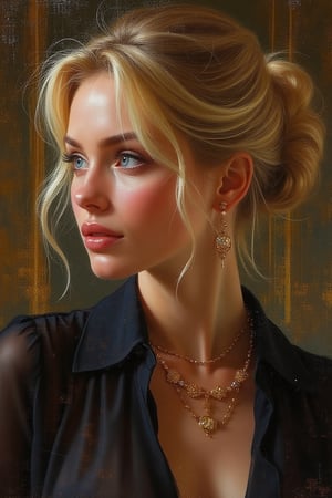 Oil Painting art, 
Konstantin Razumov
Side view
Close-up portrait of a young classy woman
Blonde, hair up in a elegant bun
light cobalt eyes
glare from the light, chiaroscuro
Elegant black transparent open blouse, necklace
Dripping in gold walls


