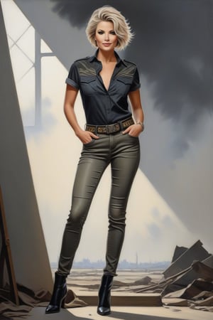 Oil Painting art, Full Lenght detailed portrait of a 50 years old classy sexy minx woman, classy makeup, ash blonde hair color, long pixie hair cut,  disheveled, she wears a Camouflage Women's Slim Fit T-Shirt, a low waist black skinny leather jeans,silver buckle belt,stilletos pointed ankle boots. Posing in a elegant background, nice lightening, confident smile, standing provocative and sexy, ultra realistic style