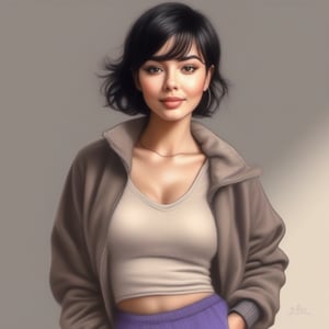 color pencil art, drawing in color a 20 years old classy woman, classy makeup, black hair color, pixie hair cut, jogging in leggings outfit, soft and warm light, sweat, full-body_portrait