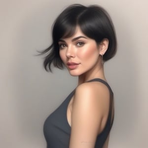 color pencil art, drawing in color a 20 years old classy woman, classy makeup, black hair color, pixie hair cut, running in leggings outfit, soft and warm light, sweat, full-body_portrait