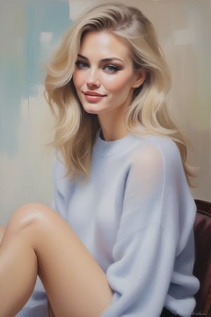 Oil Painting art, Full Lenght  Oil Painting image  of a 30 years old sexy classy minx woman, classy makeup,long blonde hair cut, disheveled, long eyelashes. She wears a pastel color crop sweater with short sleeves and just a shiny pantyhose, stilettos pumps.Shy,Smil, looking down. She stands and has having an intimate moment at home. fashion illustration for  Harper's Bazaar,  (ensure to show the shoes)