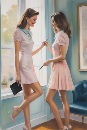 Oil Painting art, Full Lenght  Oil Painting drawing  of two 30 years old sexy classy minx women, classy makeup,long hair cut, disheveled, long eyelashes. They both wear  a pastel color peter pan small collar mini dress with short sleeves and a shiny pantyhose, stilettos pumps.Shy,Smile, In Love, looking down. They are having an intimate moment at home. fashion illustration for  Harper's Bazaar, 