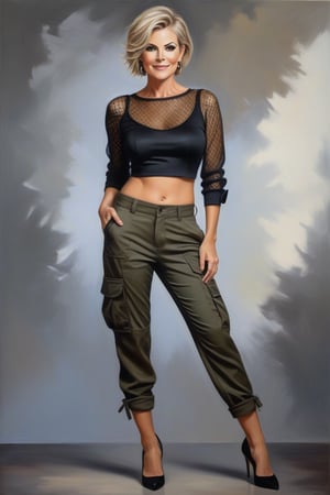 Oil Painting art, Full Lenght detailed portrait of a 50 years old classy sexy minx woman, classy makeup, ash blonde hair color, long pixie hair cut,  disheveled, she wears a black mesh crop top and  a low waist pegtop camouflage cargo pants ,stilletos pointed pumps. Posing in a elegant background, nice lightening, confident smile, standing provocative and sexy, ultra realistic style