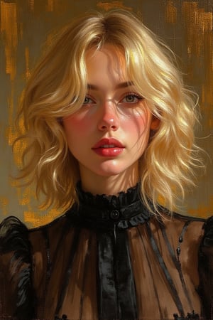 Oil Painting art, 
Konstantin Razumov
3/4 front view
Close-up portrait of a young classy woman
Blonde long bob hair cut, disheveled
golden threads high collar
glare from the light, chiaroscuro
Elegant black transparent high collar blouse
Dripping in gold walls
