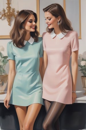 Oil Painting art, Full Lenght  Oil Painting image  of two 30 years old sexy classy minx women, classy makeup,long hair cut, disheveled, long eyelashes. They both wear  a pastel color peter pan small collar mini dress with short sleeves and a shiny pantyhose, stilettos pumps.Shy,Smile, In Love, looking down. They are having an intimate moment at home. fashion illustration for  Harper's Bazaar, 