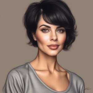 color pencil art, drawing in color a 30 years old classy woman, classy makeup, black hair color, pixie hair cut, working out in gym outfit, soft and warm light, 
