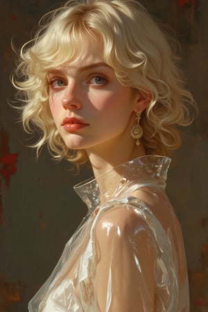 Oil Painting art, 
Konstantin Razumov
3/4 side view
Close-up portrait of a young classy woman
Blonde long bob hair cut
glare from the light
Transparent elegant blouse
