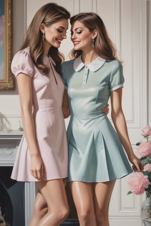 Oil Painting art, Full Lenght  Oil Painting image  of two 30 years old sexy classy minx women, classy makeup,long hair cut, disheveled, long eyelashes. They both wear  a pastel color peter pan small collar mini dress with short sleeves and a shiny pantyhose, stilettos pumps.Shy,Smile, In Love, looking down. They are having an intimate moment at home. fashion illustration for  Harper's Bazaar, 