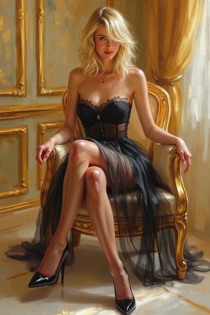 Oil Painting art, 
Konstantin Razumov
3/4 side view
Portrait of a young classy smiling woman
Blonde long bob hair cut, disheveled
glare from the light
Elegant black transparent strapless dress, lace top stockings and trendy pointed stilettos
She is elegantly seated on a simple gilded chair, legs crossed
marble floor, dripping in gold walls

