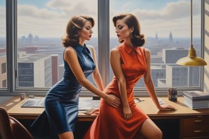 Oil Painting art, ultra realistic style painting.explicit sapphic sexual intercourse between two sexy classy business girls in dresses,sixties style, modern office, large windows