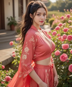 A hyper-realistic and highly detailed image of a healthy 28-year-old woman, fair complexion, wavy black-brown hair tucked in ponytail, big almond-shaped black eyes, with an attractive fuller body shape, full size large bust, she is 

in Long kimono over a crop top with palazzo pants , standing in a rose garden with the wind softly blowing through her hair,

 enhance all, stunning full color,  beauy_ks01, front camera shot, full body shot,