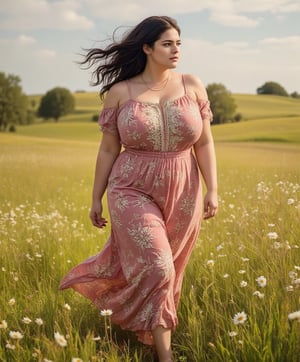 A hyper-realistic and highly detailed image of a heavy 28-year-old woman, fair complexion, wavy black-brown hair tucked in ponytail, big almond-shaped black eyes, with an attractive fuller body shape, full size large bust, she is 

in Off-the-shoulder top with a patterned skirta flowy floral maxi dress, with layered necklaces, sandals, standing in a meadow with the wind softly blowing through her hair,

 enhance all, stunning full color,  beauy_ks01, front camera shot, full body shot,