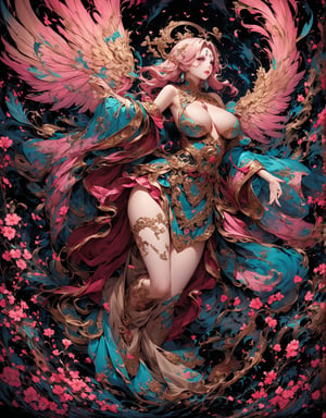 Masterpiece, 4K, ultra detailed, 1 golden pink hair angel girl with angelic makeup enhance by her seductive pink lips, gray and cyan ombre detailed feather wings, busty with ample cleavage, pointy high heels, traveling through mystical flowering forest, (Baroque art style), SFW, depth of field, ,dunhuang, ,Ink art