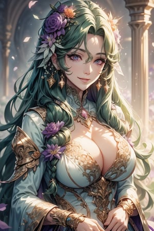 (((long green-hair:1.3))), (longhairstyle:1.4),(curly hair:1.3), (purple eyes:1.3), ((1 mature woman)), (busty), large breasts, best quality, extremely detailed, HD, 8k, (sweet smile), (happy eyes), ((magic_florest background)),flower4rmor,Flower