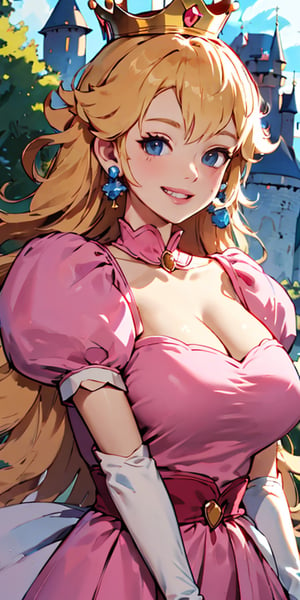 Peach_SMP,  masterpiece, best quality, highres, pch, pink dress, brooch, puffy sleeves, short sleeves, smile, elbow gloves, earrings, crown, outside of castle, large breasts, upper body, close-up, 