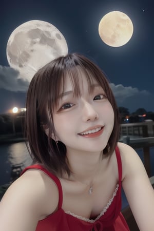 mikas in a red dress is looking up at the moon in the dark. She is smiling with a bewitching expression.