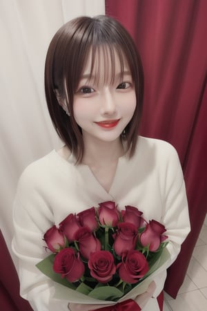 mikas holding a bouquet of roses is smiling seductively with red lips. Velvet curtains stand out in the background, creating a sensual atmosphere.