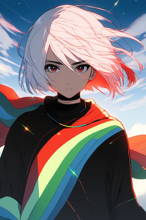 1girl, solo, looking at viewer, short hair, sky, closed mouth, collarbone, white hair, red hair, multicolored hair, choker, two-tone hair, grey eyes, sparkle, black choker, portrait, wind, blue top, red hoody, 