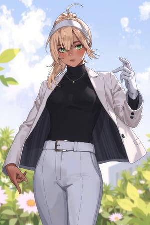 1girl, solo, long hair, looking at viewer, bangs, shirt, gloves, sleeves, closed mouth, jacket, short ponytail, blonde hair, cowboy shot, open clothes, belt, pants, white gloves, dark skin, dark-skinned female, green eyes, parted bangs, black shirt, turtleneck, (white jacket:1.3), suit, adjusting clothes, white pants, adjusting gloves, antenna hair, pulling glove, white headband, outdoors, 