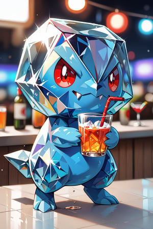 solo, red eyes, closed mouth, full body, fang, shiny, blurry, cup, pokemon \(creature\), no humans, blurry background, fangs, drink, glass, fang out, ice cube