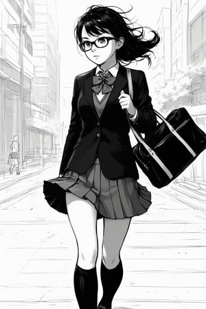 1girl, solo, skirt, school uniform, jacket, monochrome, greyscale, pleated skirt, glasses, socks, bag, sketch, kneehighs, blazer, walking